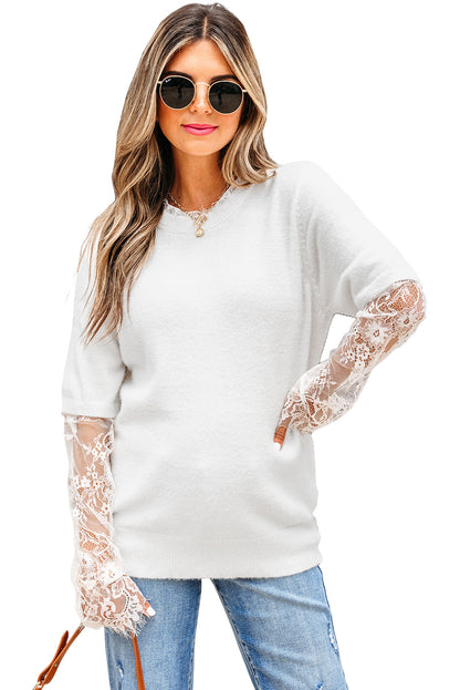 Beige Lace Sleeve Patchwork Faux Two-piece Fuzzy Sweater