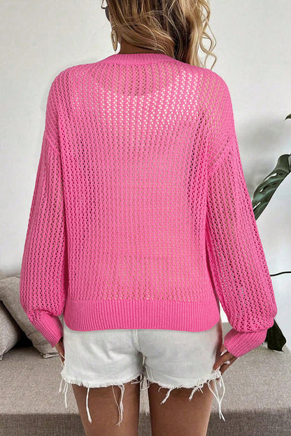 Sachet Pink Sweet Bow Decor Hollow Out Knitted Drop Shoulder Sweater