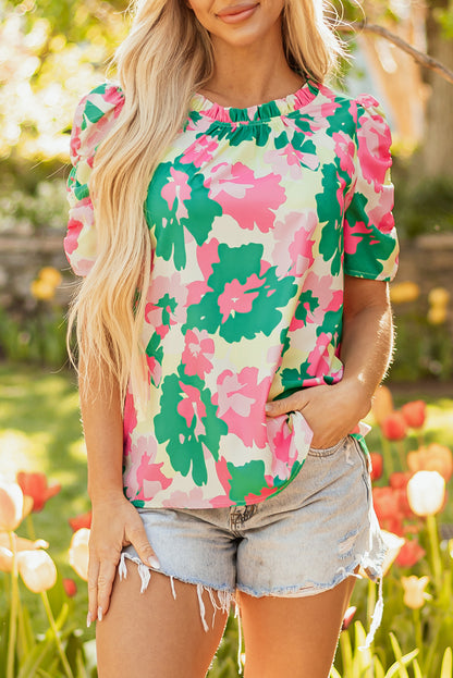 Green Abstract Print Frilly Neck Ruched Short Sleeve Blouse