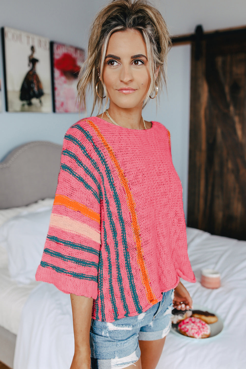 Rose Striped Detail Wide Sleeve Lightweight Knitted Sweater