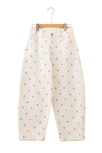 Pink Polka Dot Print Seam Detail Barrel Jeans