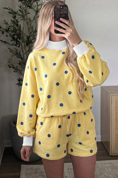 Brown Polka Dot Ribbed Trim Long Sleeve Top Casual Short Set