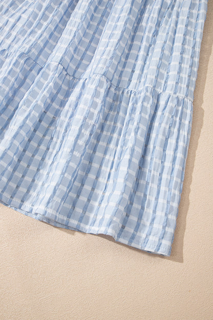 Light Blue Plaid Tiered A-line Sleeveless Mini Sundress