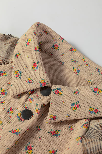 Oatmeal Boho Floral Plaid Patchwork Distressed Detail Ruffled Sleeve Waffle Knit Shacket