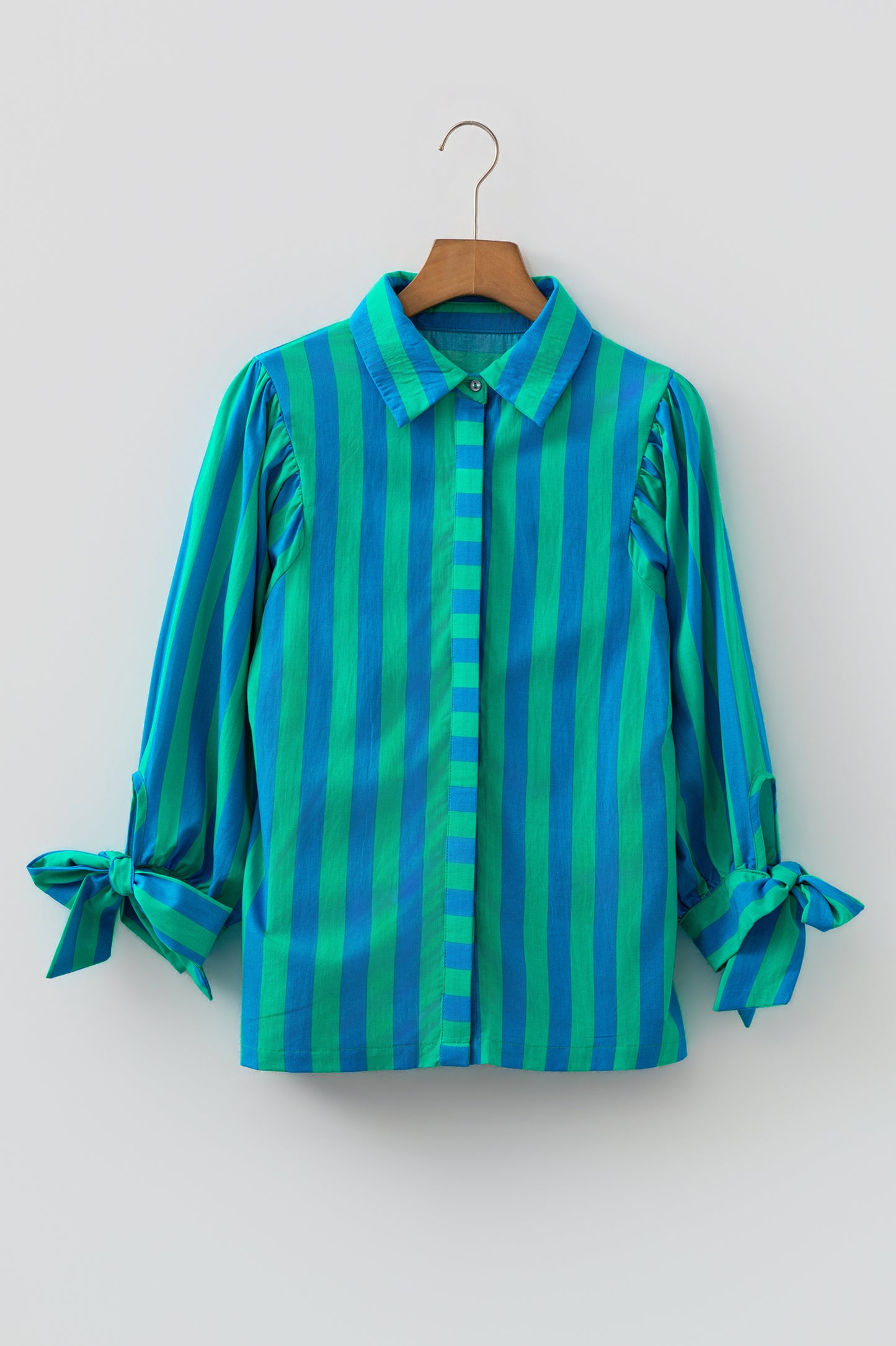 Blue Stripe Tie Puff Sleeve Womens Button Down Shirt