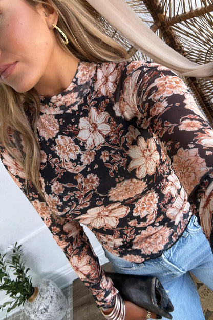 Black Floral Print Mesh Mock Neck Long Sleeve Top