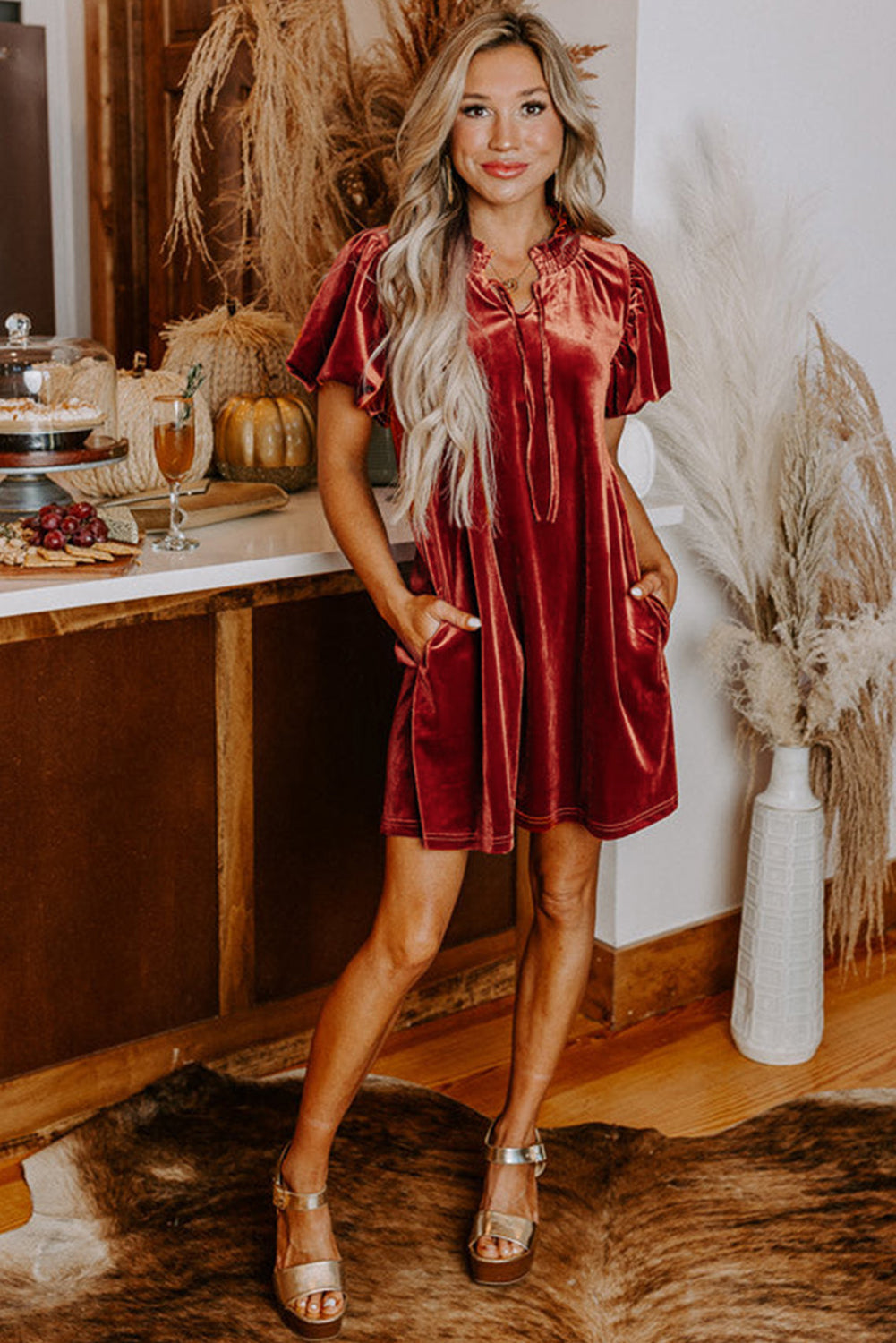 Cinnamon Velvet Smocked Neckline Puff Sleeve Shift Mini Dress ( Limited Sizes Left / Awaiting ReStock )