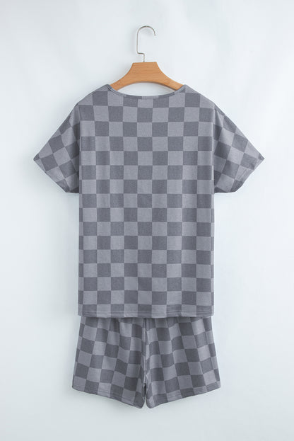Gray Checkered V Neck Tee Drawstring Shorts Lounge Set