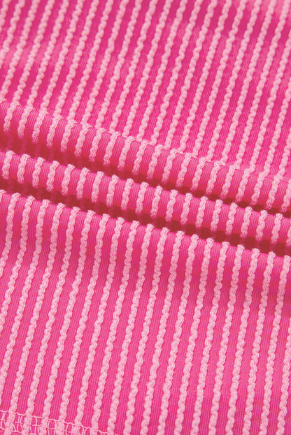 Bright Pink Spiral Ribbed Short Sleeve V Neck Buttoned Romper with Pocket