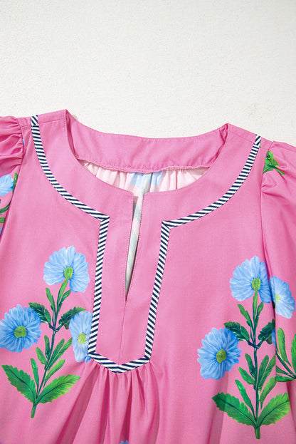 Rose Floral Short Sleeve Split Neck Loose Mini Dress