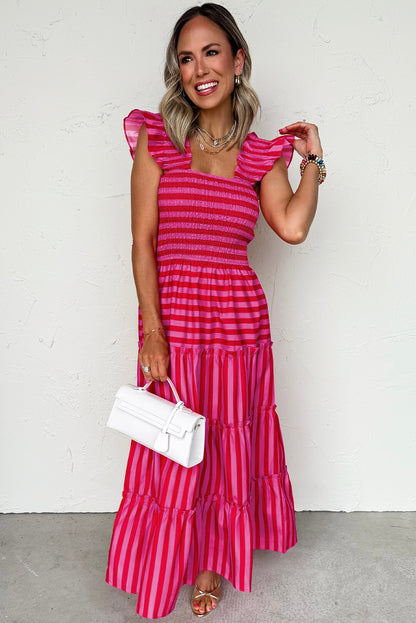 Rose Stripe Flutter Sleeve Smocked Bodice Tiered Maxi Dress