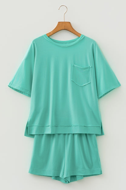Mint Green Raw Edge Patch Pocket Oversized Top and Shorts Set