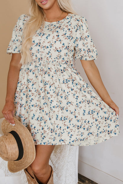 Beige Floral Puff Short Sleeve Empire Waist Mini Dress