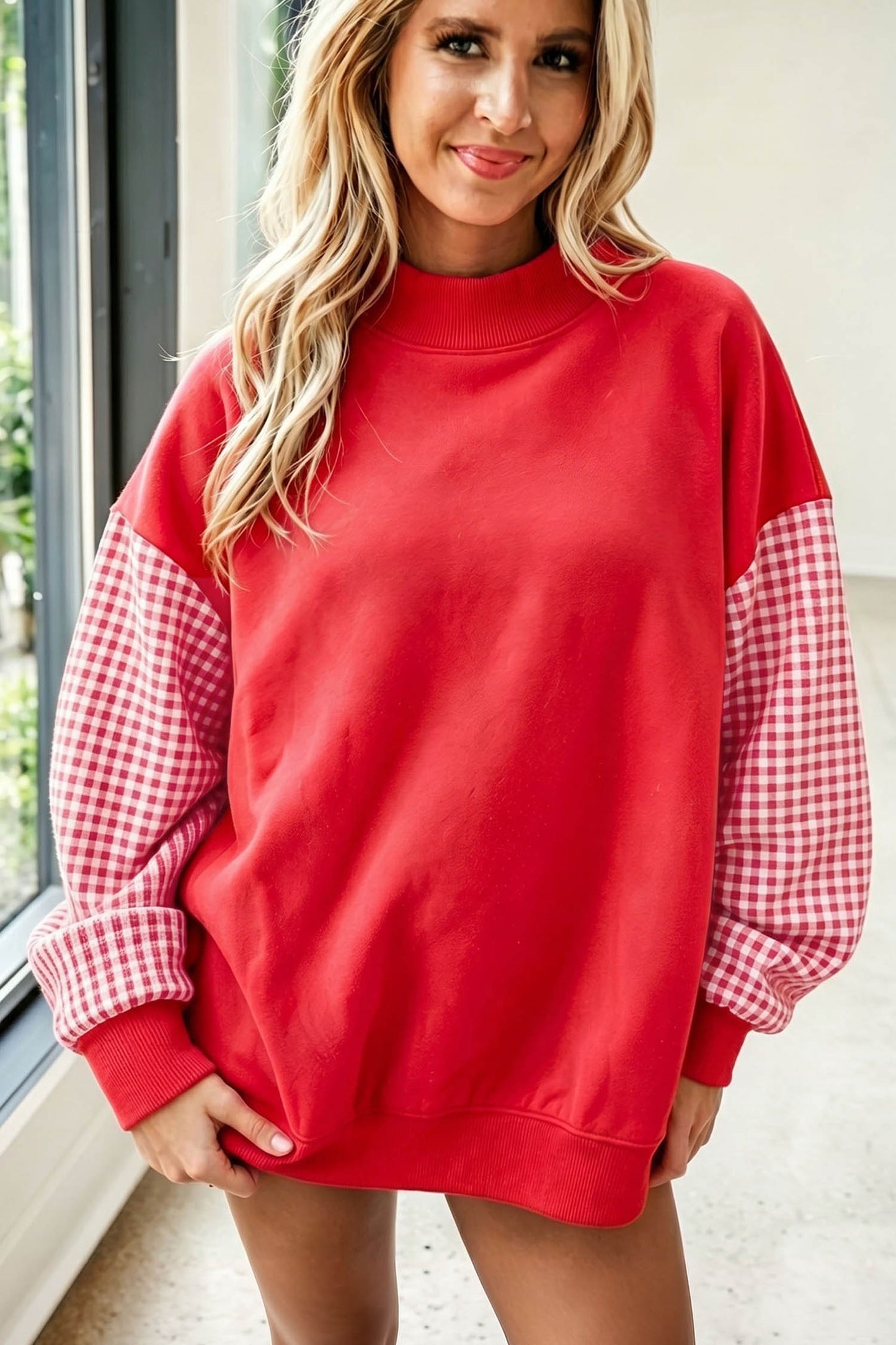 Pink Plaid Sleeve Colorblock Loose Tunic Sweatshirt