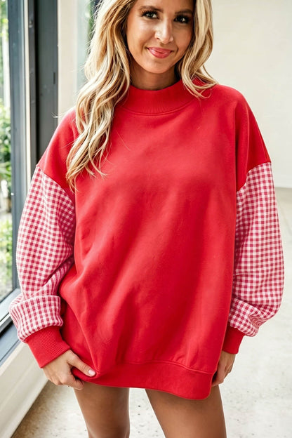 Pink Plaid Sleeve Colorblock Loose Tunic Sweatshirt