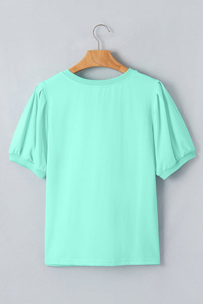 Yellow Solid Color V Neck Short Puff Sleeve Blouse