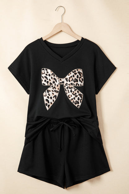 Black Contrast Leopard Bow Patched V Neck Loose Tee Drawstring Shorts 2pcs Outfit
