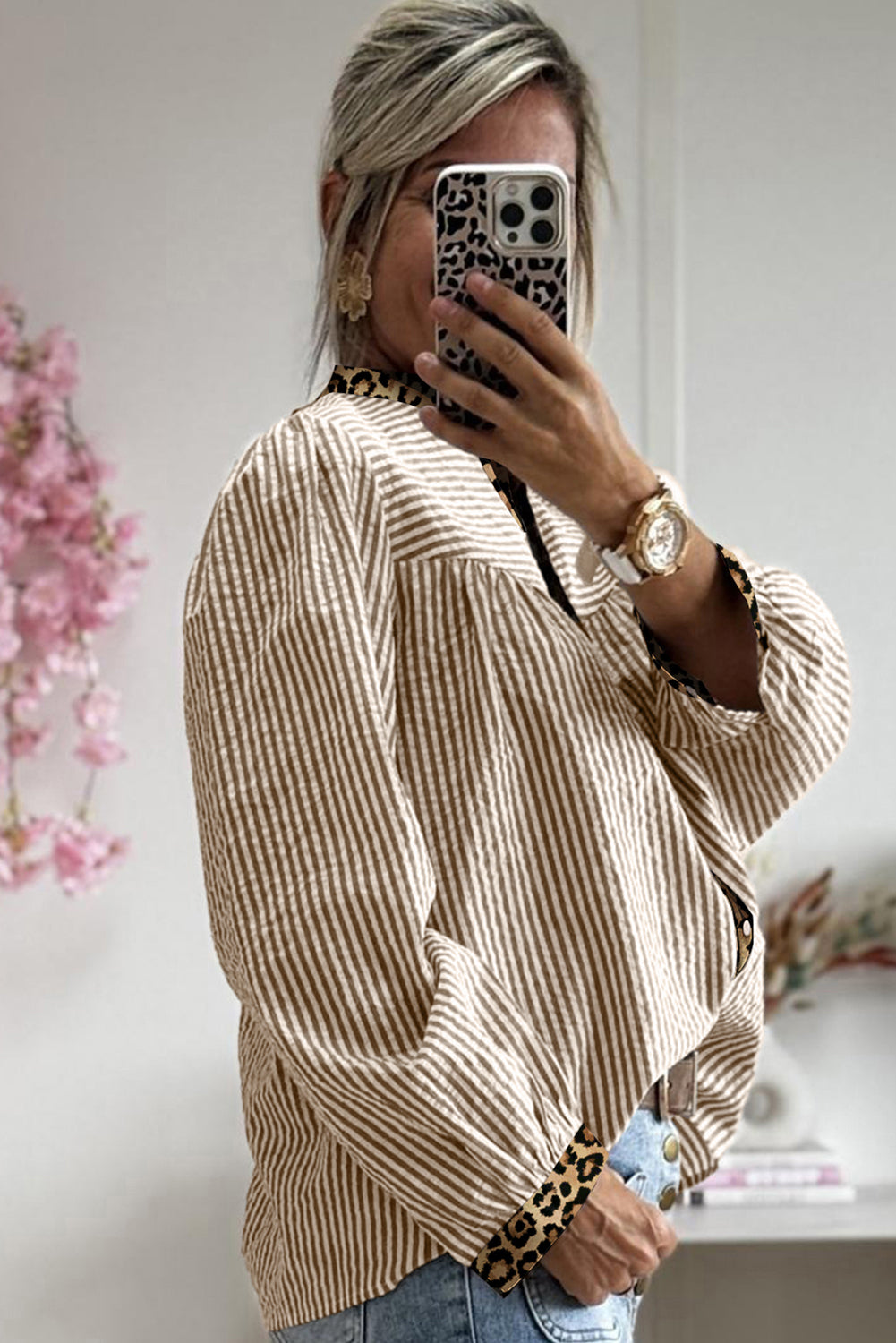Pink Stripe Leopard Patchwork Long Sleeve Shirt