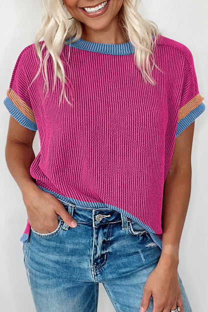 Sky Blue Textured Contrast Trim Round Neck T Shirt