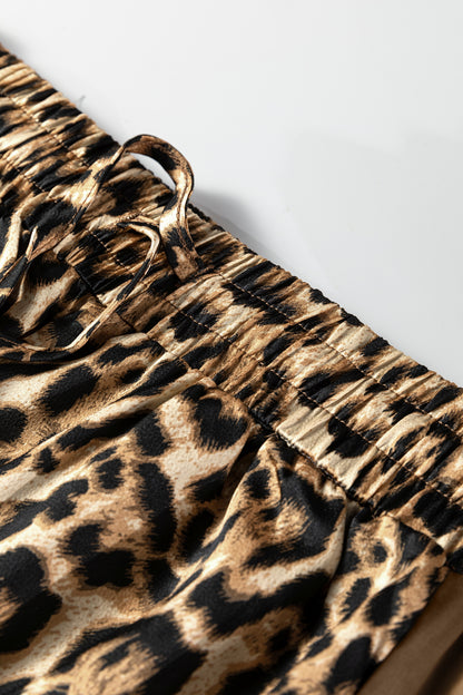 Brown Leopard Collared 3/4 Sleeve Shirt and Loose Pants Two Piece Outfit Set