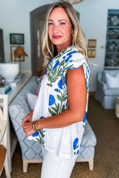 Blue Wild Flower Print Contrast Trim Scallop Detail Short Sleeve Blouse
