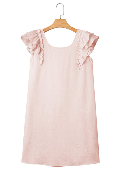 Light Pink Textured Flutter Sleeve Square Neck Bow Back Mini Dress