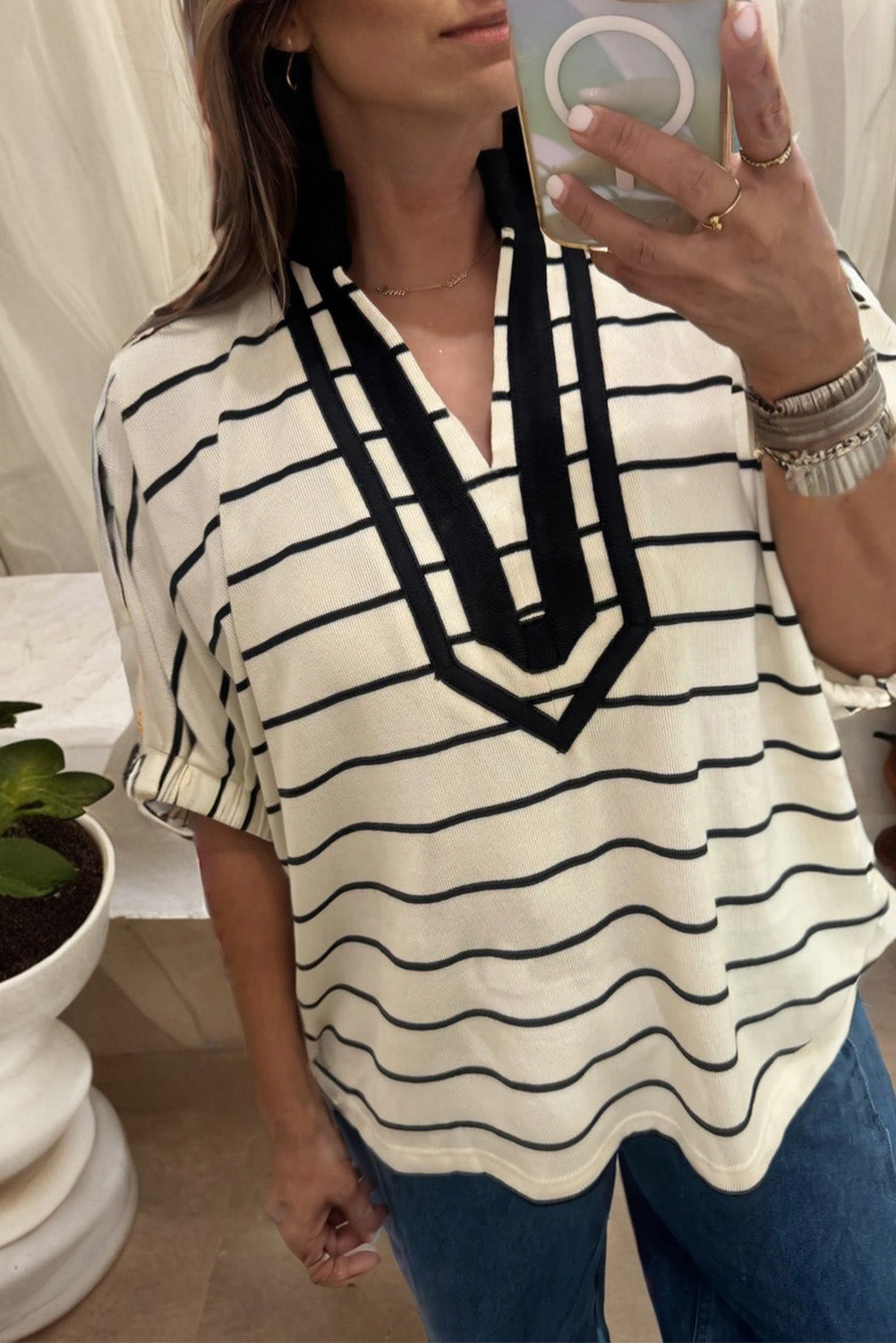 Blue Stripe Stand Collar V Neck Elastic Cuffs Half Sleeve Dolman Top