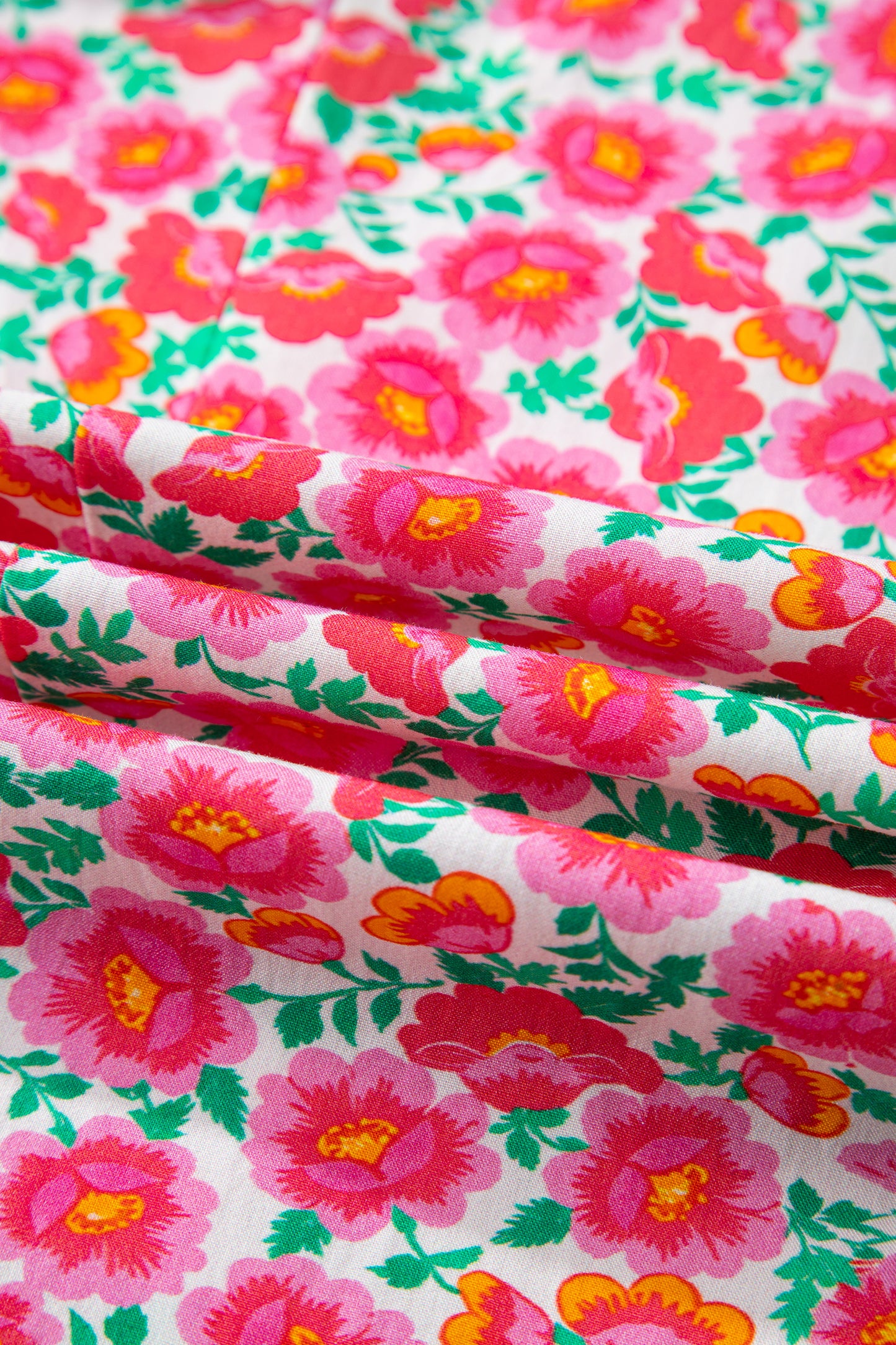 Pink Floral Print V Neck Patchwork Short Bubble Sleeve Mini Dress