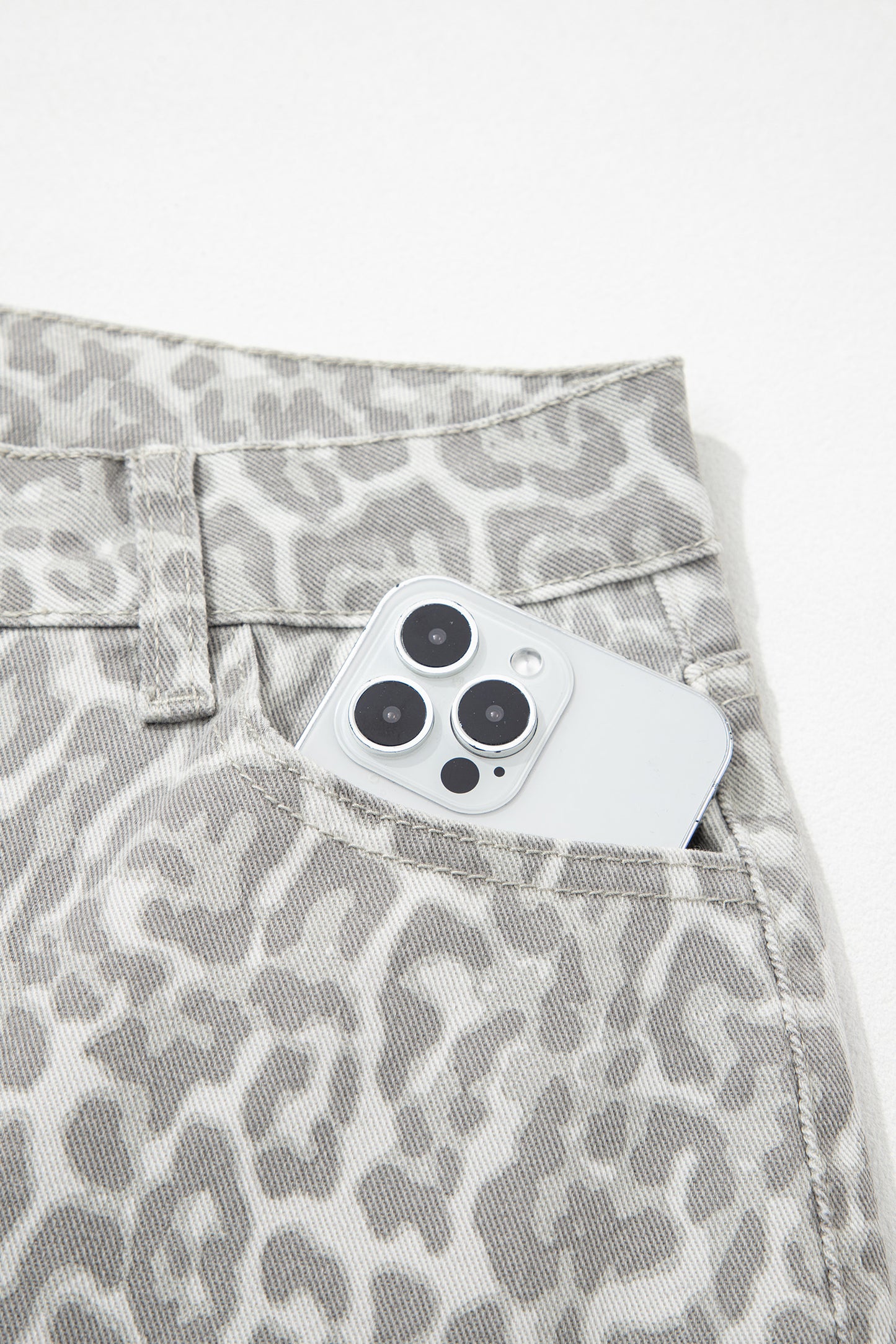 Sky Blue Leopard Frayed Edge Wide Leg High Waist Jeans