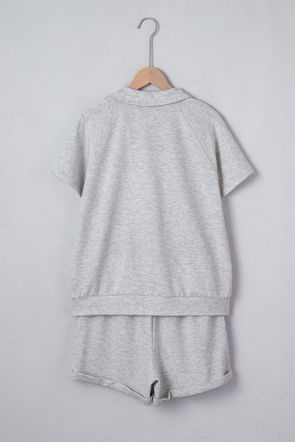 Light Grey Collared V Neck Tee Drawstring Elastic Waist Shorts 2pcs Outfit