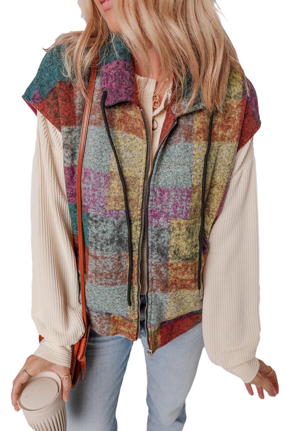 Multicolor Plaid Print Side Pockets Zipped Loose Vest