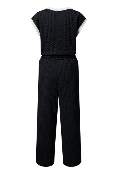 Black Cable Knit Contrast Trim Short Sleeve Top and Pants Set