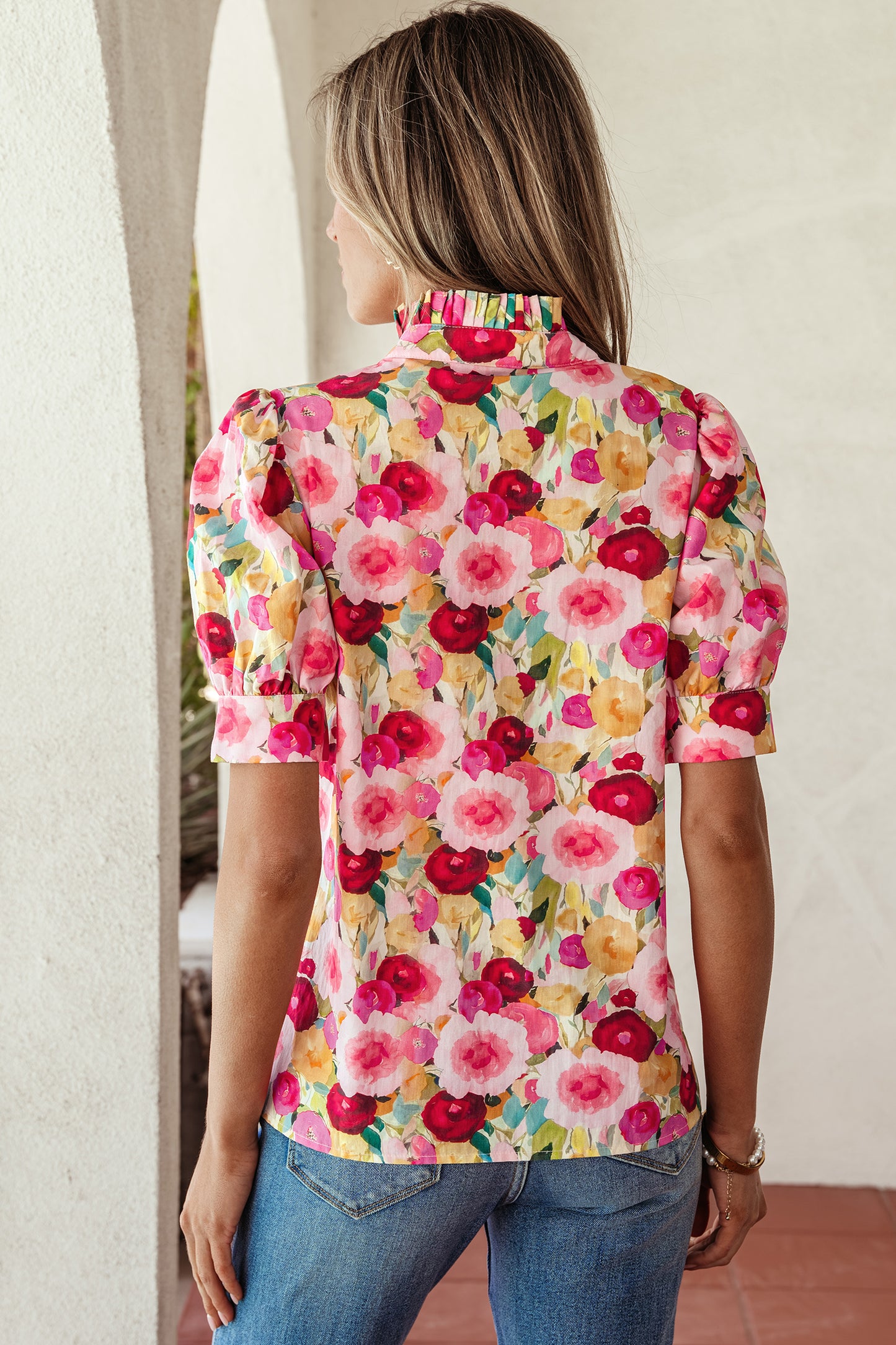 Pink Floral Frilled V Neck Puff Short Sleeve Blouse