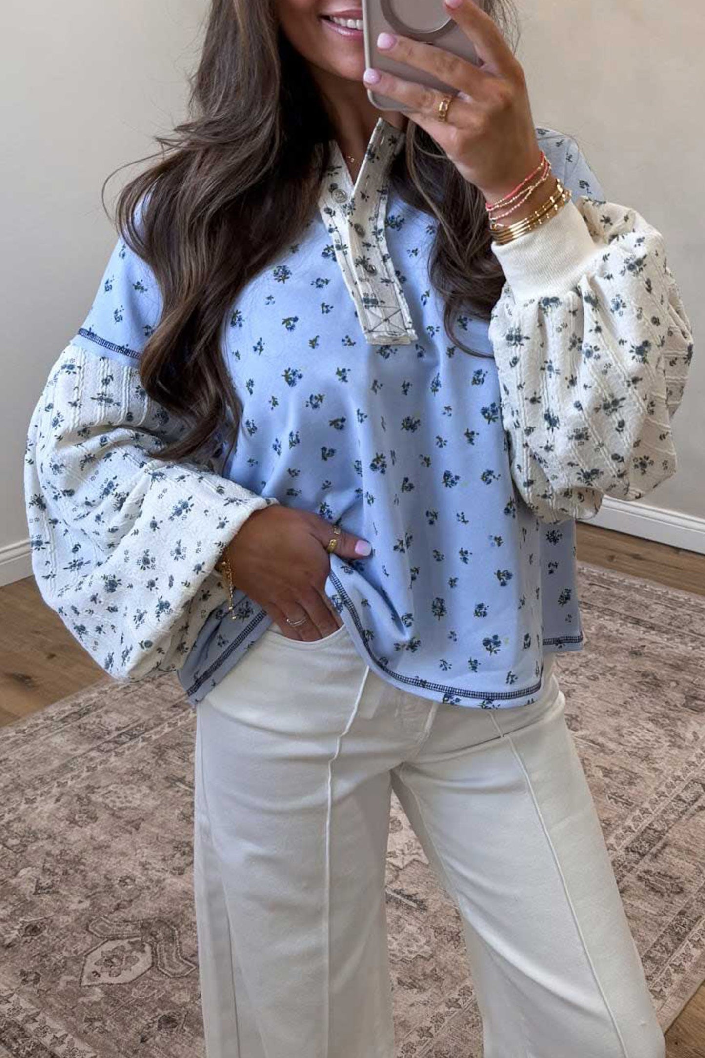 Sky Blue Floral Print Contrast Long Sleeve Tops