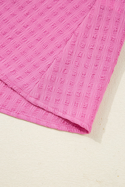 Sachet Pink Plus Size Textured Tie Split Neck Puff Sleeve Flowy Mini Dress