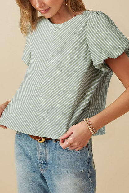 Green Stripe Textured Round Neck Short Puff Sleeve Blouse