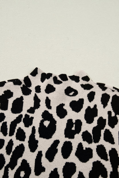 Black Leopard Print High Neck Short Sleeve Sweater
