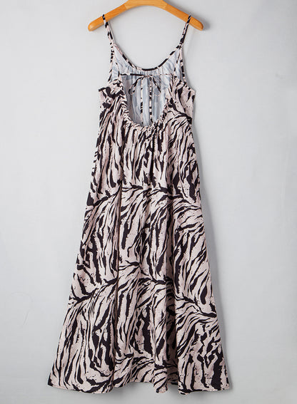 Black Abstract Print Open Back Boho Loose Maxi Sundress