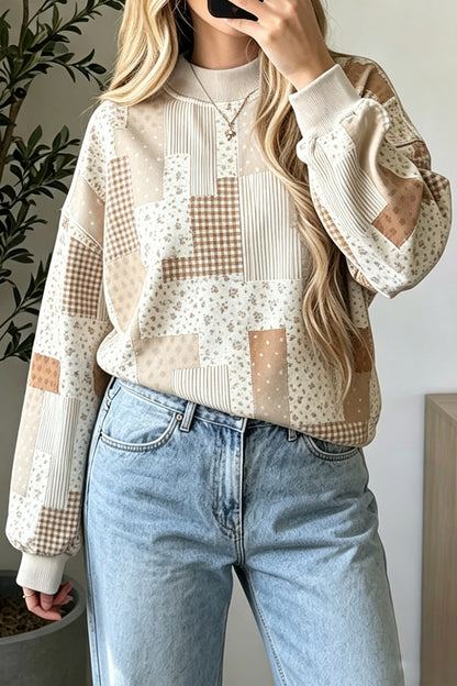 Sky Blue Patchwork Floral Print Mock Neck Long Sleeve Sweatshirt