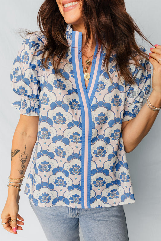 Sky Blue Floral Print Flounced Short Sleeve Contrast Trim V Neck Blouse
