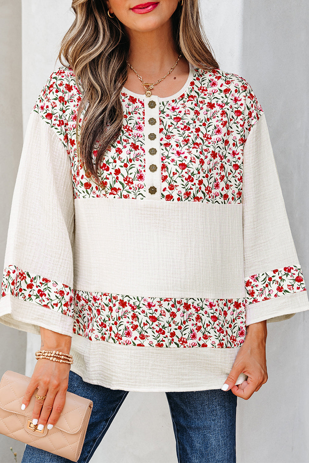 Red Floral Print Gauze Patchwork Henley Button 3/4 Sleeve Blouse