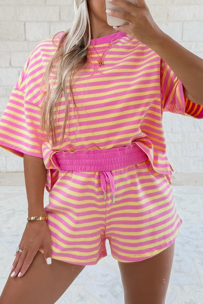 Yellow Stripe Drop Shoulder Boxy Casual Terry Short Set