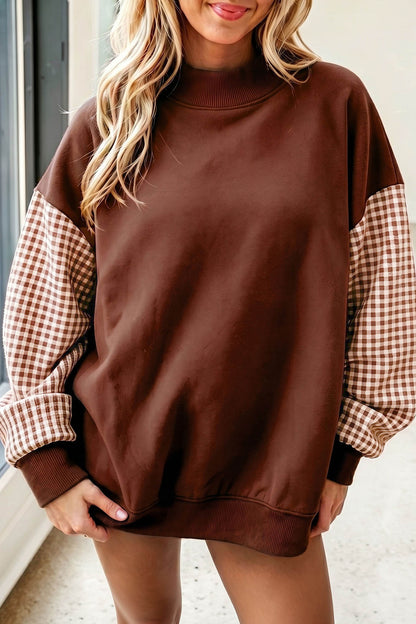 Pink Plaid Sleeve Colorblock Loose Tunic Sweatshirt