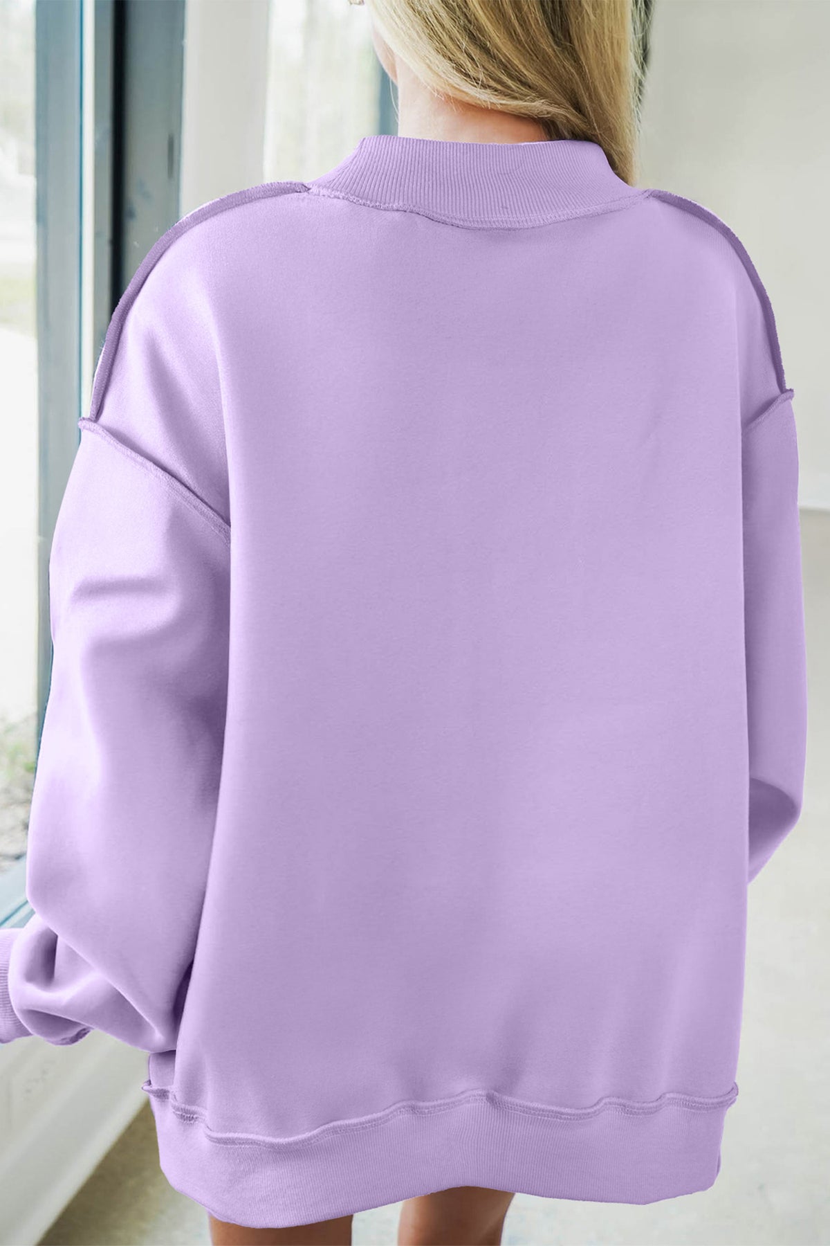 Banana Cream JESUS Letter Patch Graphic Exposed Seam Mock Neck Baggy Sweatshirt