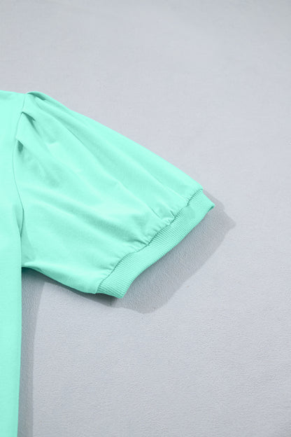Yellow Solid Color V Neck Short Puff Sleeve Blouse