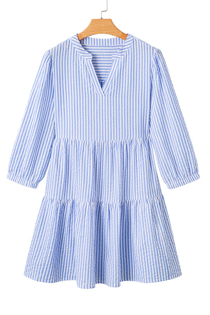 Sky Blue Stripe Bracelet Sleeve Tiered Shift Dress with Pockets