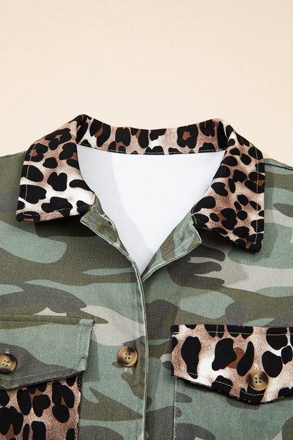 Green Camo Leopard Patchwork Flap Pocket Crop Jacket