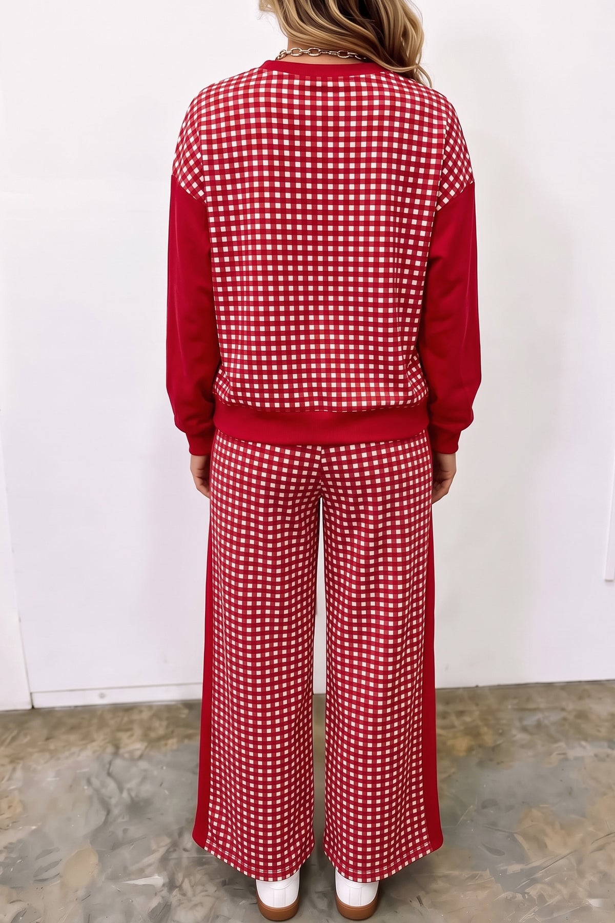 Pink Color Block Plaid Patchwork Long Sleeve Pullover Wide Leg Pant Set
