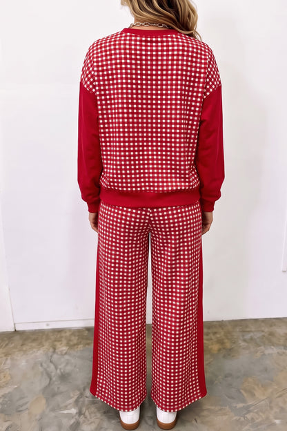 Pink Color Block Plaid Patchwork Long Sleeve Pullover Wide Leg Pant Set
