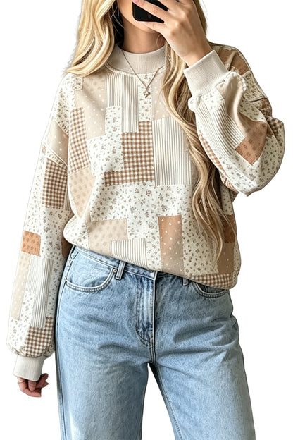 Sky Blue Patchwork Floral Print Mock Neck Long Sleeve Sweatshirt